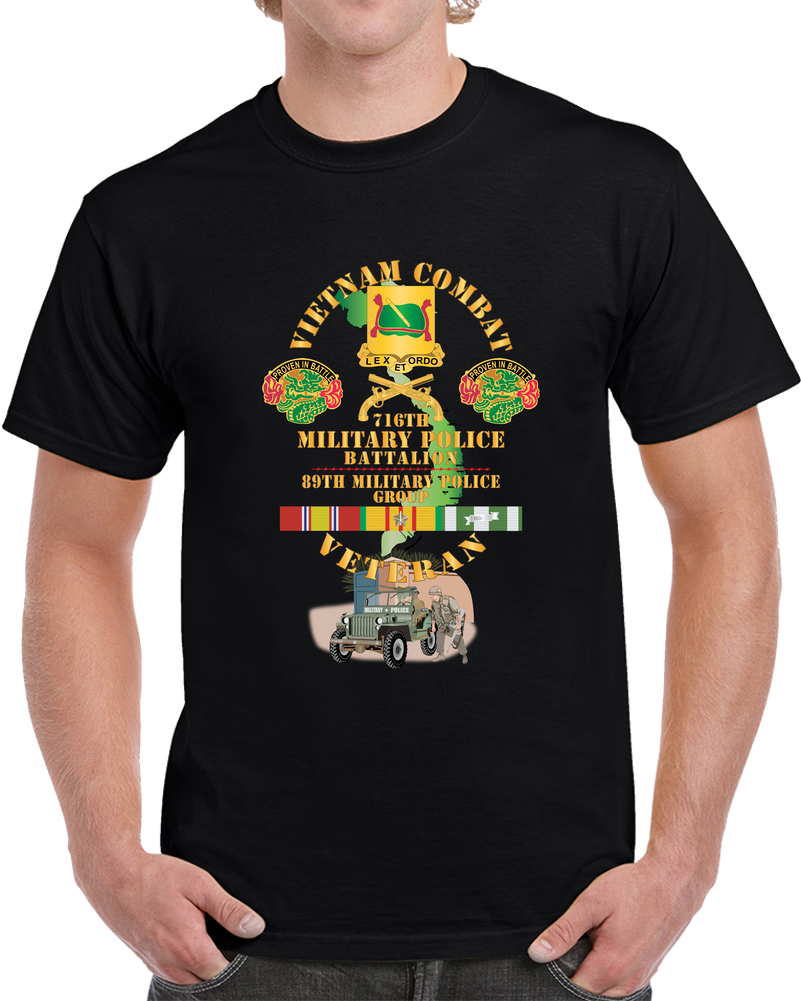 Army - Vietnam Combat Vet - 716th MP Bn, 89th MP Group W  DUI - BR  W MP Patrol Jeep W VN SVC X 300 T Shirt