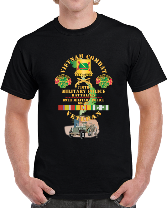 Army - Vietnam Combat Vet - 716th MP Bn, 89th MP Group W  DUI - BR  W MP Patrol Jeep W VN SVC X 300 T Shirt