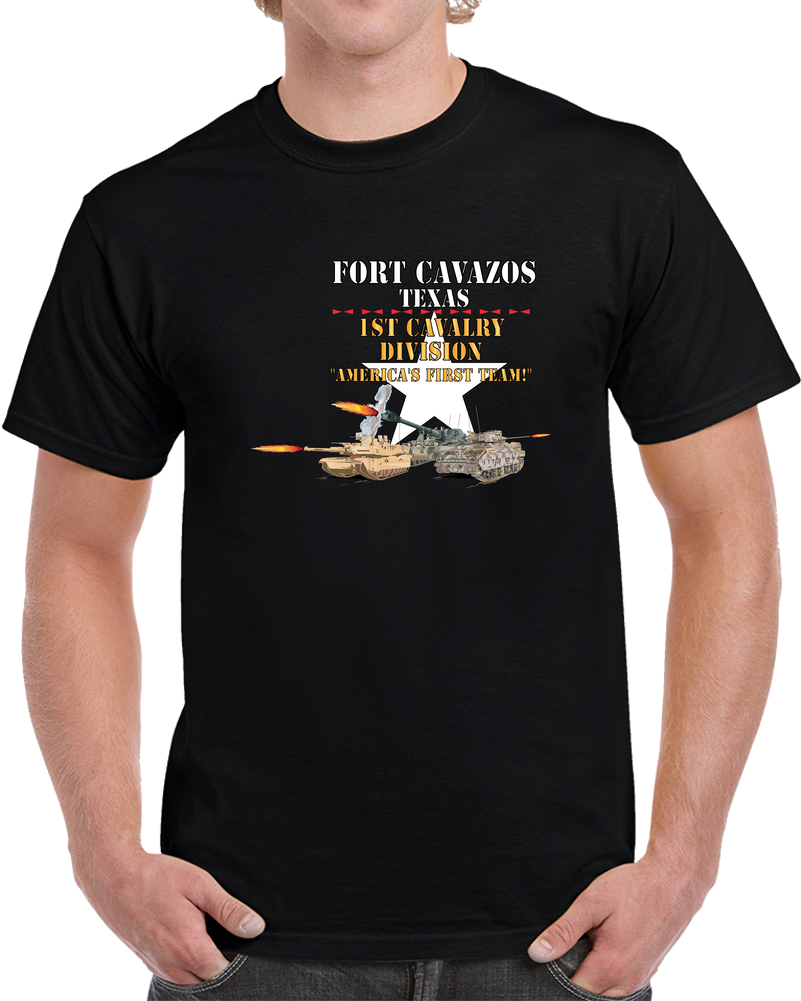 Army - Fort Cavazos Texas With White Star 1st Cav W M1abrams, Bradley, M109 Firing X 300 T Shirt