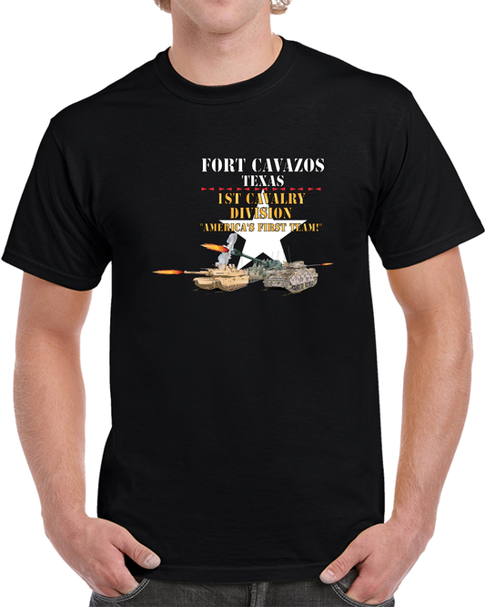 Army - Fort Cavazos Texas With White Star 1st Cav W M1abrams, Bradley, M109 Firing X 300 T Shirt