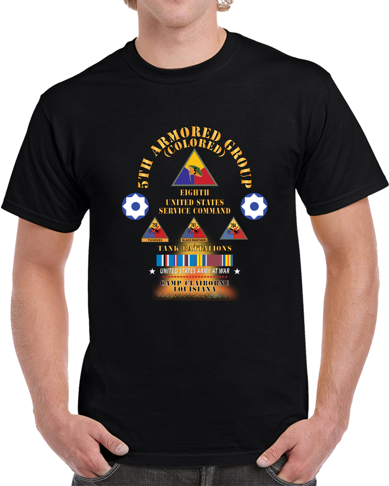 Army - 5th Armored Group -  Camp Claiborne, LA W Fire - W 758, 761, 784th Tank Bn SSI W DUI - AM SVC X 300 T Shirt