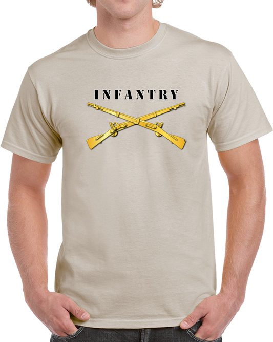 Army - Infantry Br - Crossed Rifles w  Blk Txt White Outline T Shirt