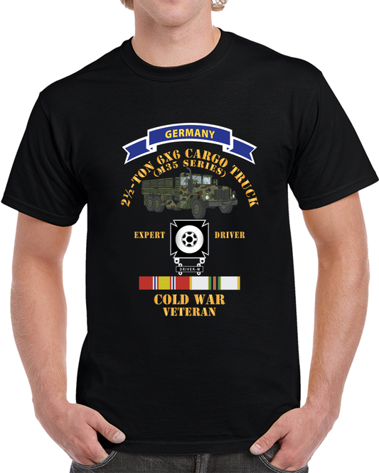 M44A3 Series Truck - Camo - 2 &amp; 1-2 Ton Cargo Truck W Expert Driver Badge - Cold War Vet - Germany W COLD SVC X 300 T Shirt