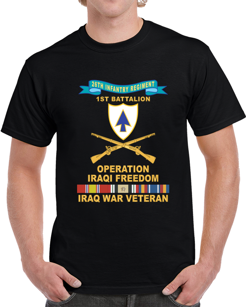 Army - 26th Infantry Regiment - DUI W Ribbon - Br - 1st Bn W IRAQ SVC  X 300 T Shirt