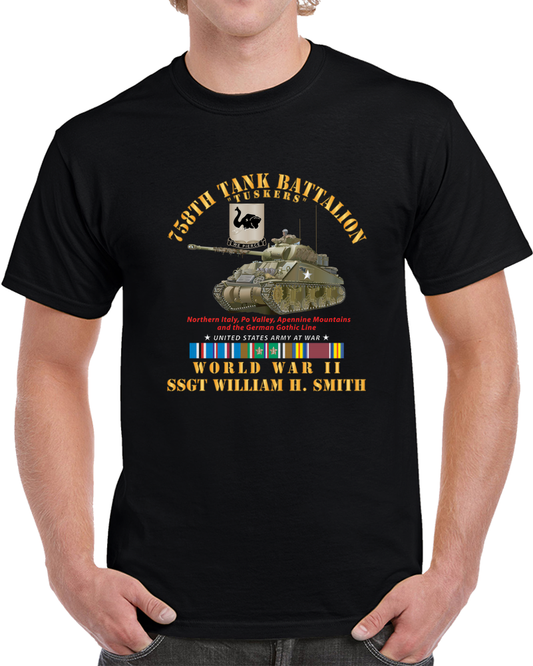Army - 758th Tank Battalion, "tuskers", With Tank, World War Ii With European Theater Service Ribbons - T Shirt